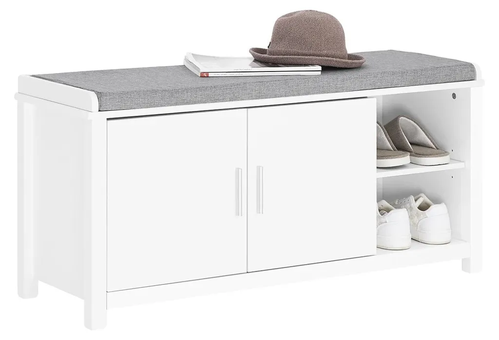 Banc à chaussures blanc pour entrée étroite avec rangement intégré
