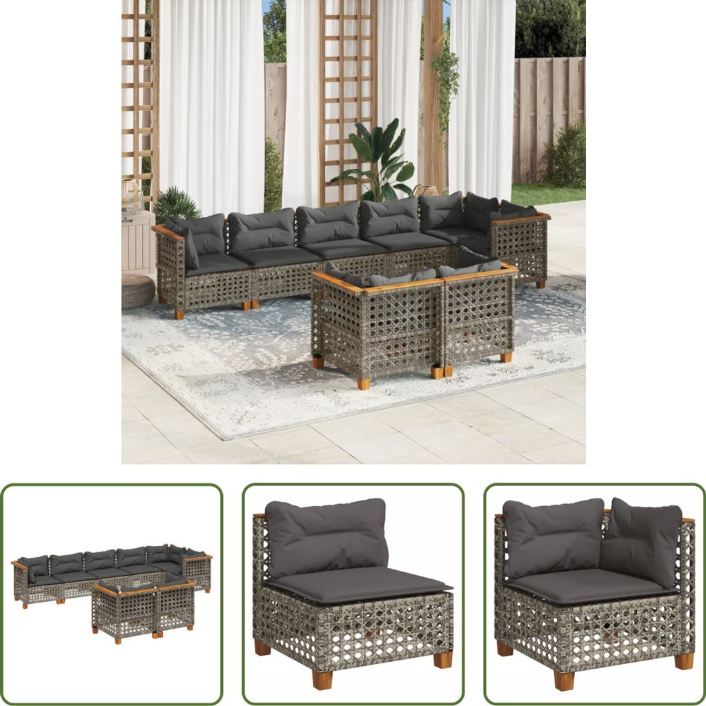The Living Store 8-tlg. Garten-Sofagarnitur mit Kissen Grau Poly Rattan