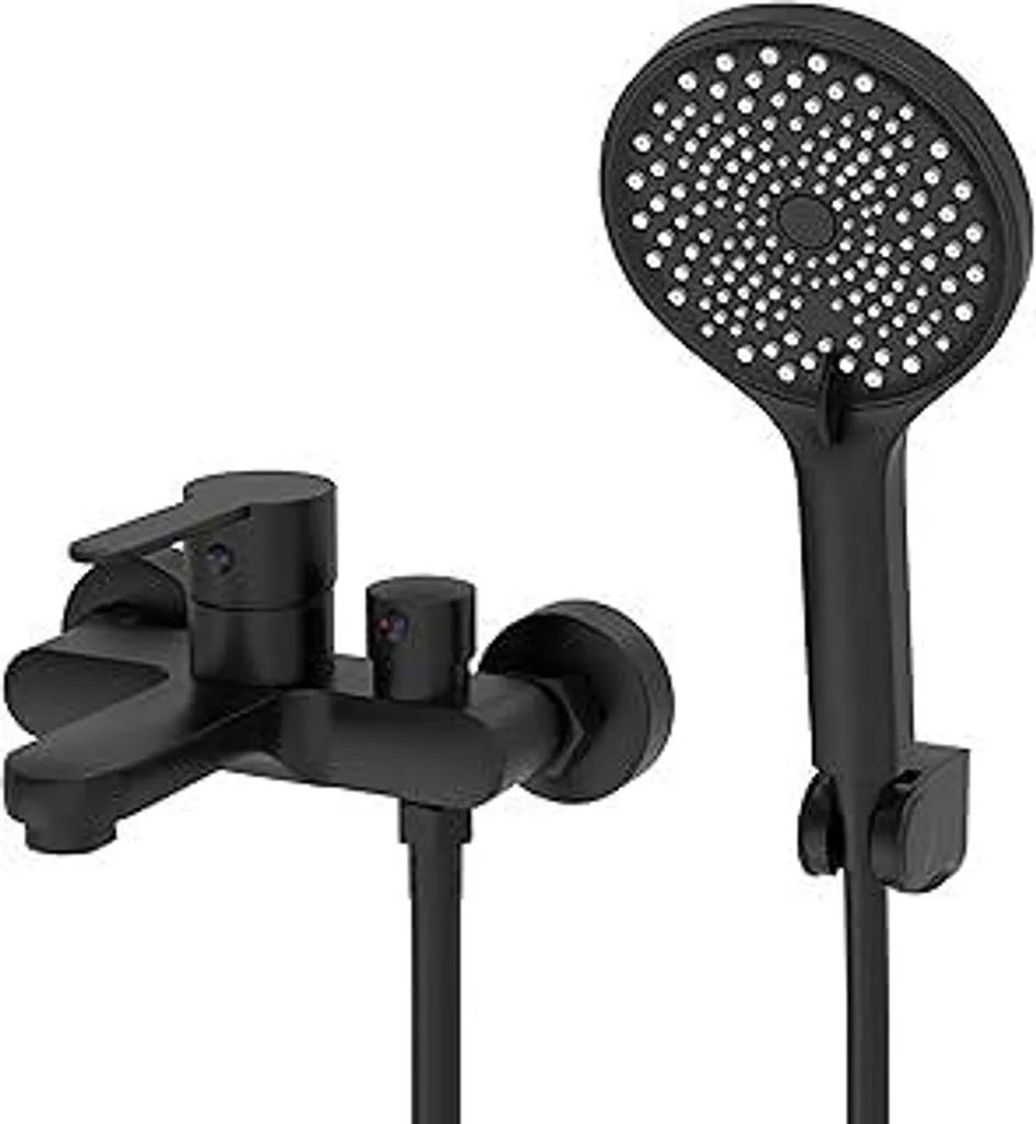 Miscelatore per vasca da bagno EGSO nero con doccetta grande 130 mm Miscelatore per vasca da bagno con doccia, miscelatore per doccia con soffione a 3 funzioni, set doccia a parete