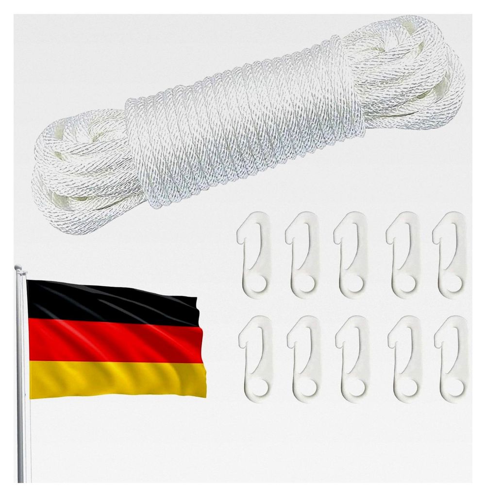 Fahnenseil für Fahnenmast, 20 m mit 10 Fahnenhaken, Durchmesser 6 mm, wetterfest und reißfest, Nylon Flaggenseil für Fahnenmast, Segelboot, Gart...