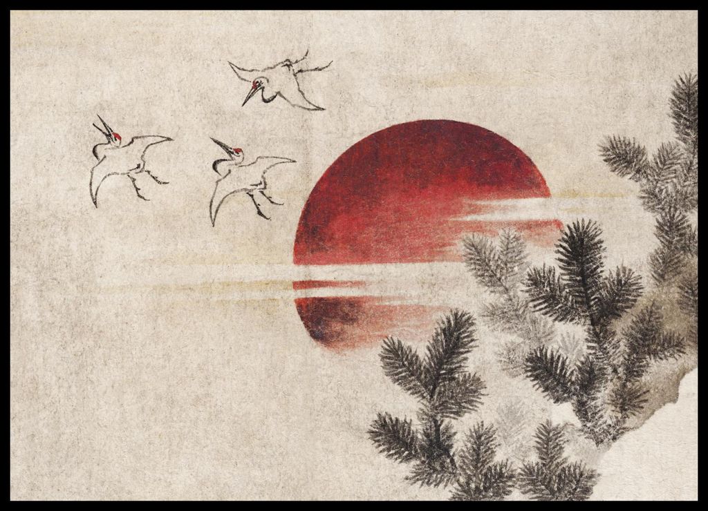 Plakat 70x50cm Vögel und Sonnenuntergang Katsushika Hokusai Vintage fürs Wohnzimmer
