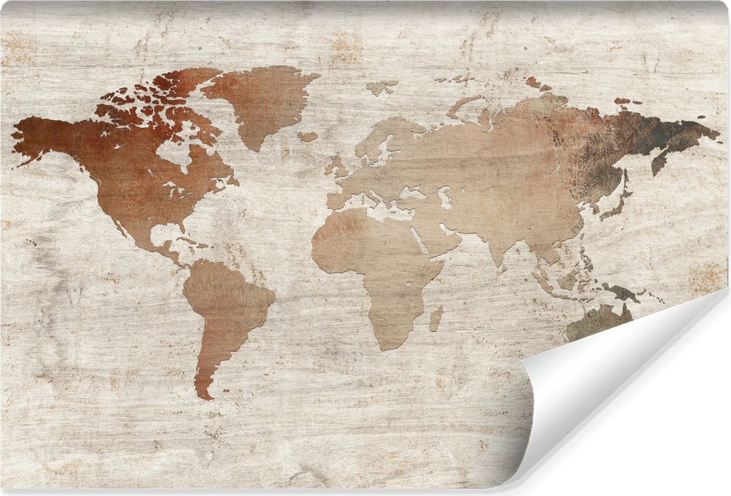 Muralo Vlies Fototapete WELTKARTE Holz Imitation Vintage Retro Br. 254cm x Hö. 184cm