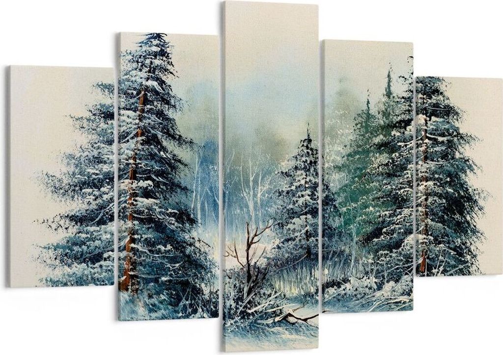 Bild auf Leinwand - Leinwandbild - 5 Teile - Schnee Fichten Wald - 150x100cm - Wand Bild - Wanddeko - Wandbilder - Leinwanddruck - Bilder - Wanddek...