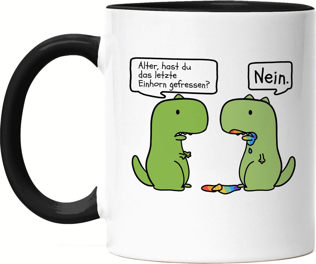 T-Rex frisst Einhorn Tasse Schwarz Lustiges Einhorn Dinosaurier Fun Dino Geschenk Ironie Sarkasmus