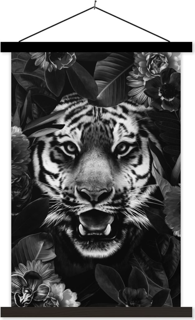 MuchoWow Textilposter Tiger zwischen Blättern und Blüten - schwarz und weiß 120x180 cm mit schwarzem Rahmen - Fotos