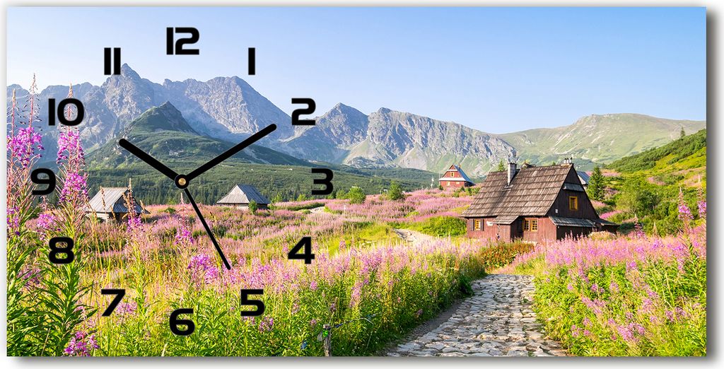 Wanduhr aus Glas – 60x30 cm - Glasbild - Glasuhr - Gehärtetes Glas - schwarze-zeiger - Cottages in den Bergen