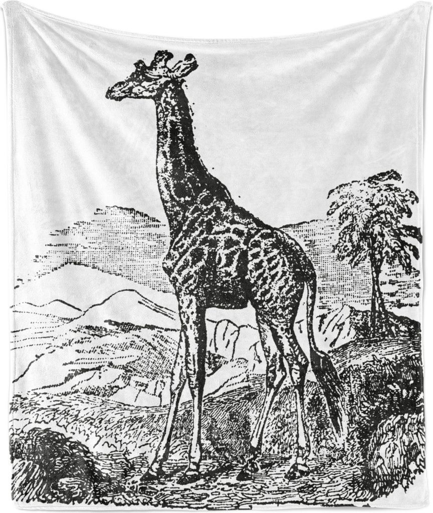 ABAKUHAUS Giraffe Weich Flanell Fleece Decke, Engraving Natural History Trees Hills Muster auf einfachen Hintergrund, 175 x 230 cm, Weiß und Dunke...