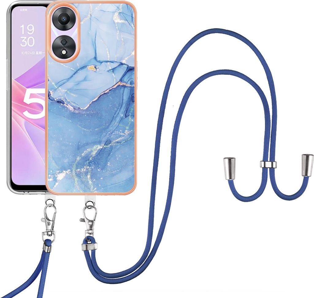 Oppo A78 / A58 Handykette Hülle, Muster TPU Bumper Schutzhülle mit verstellbarem Tragegurt für Oppo A78 / A58 Blau