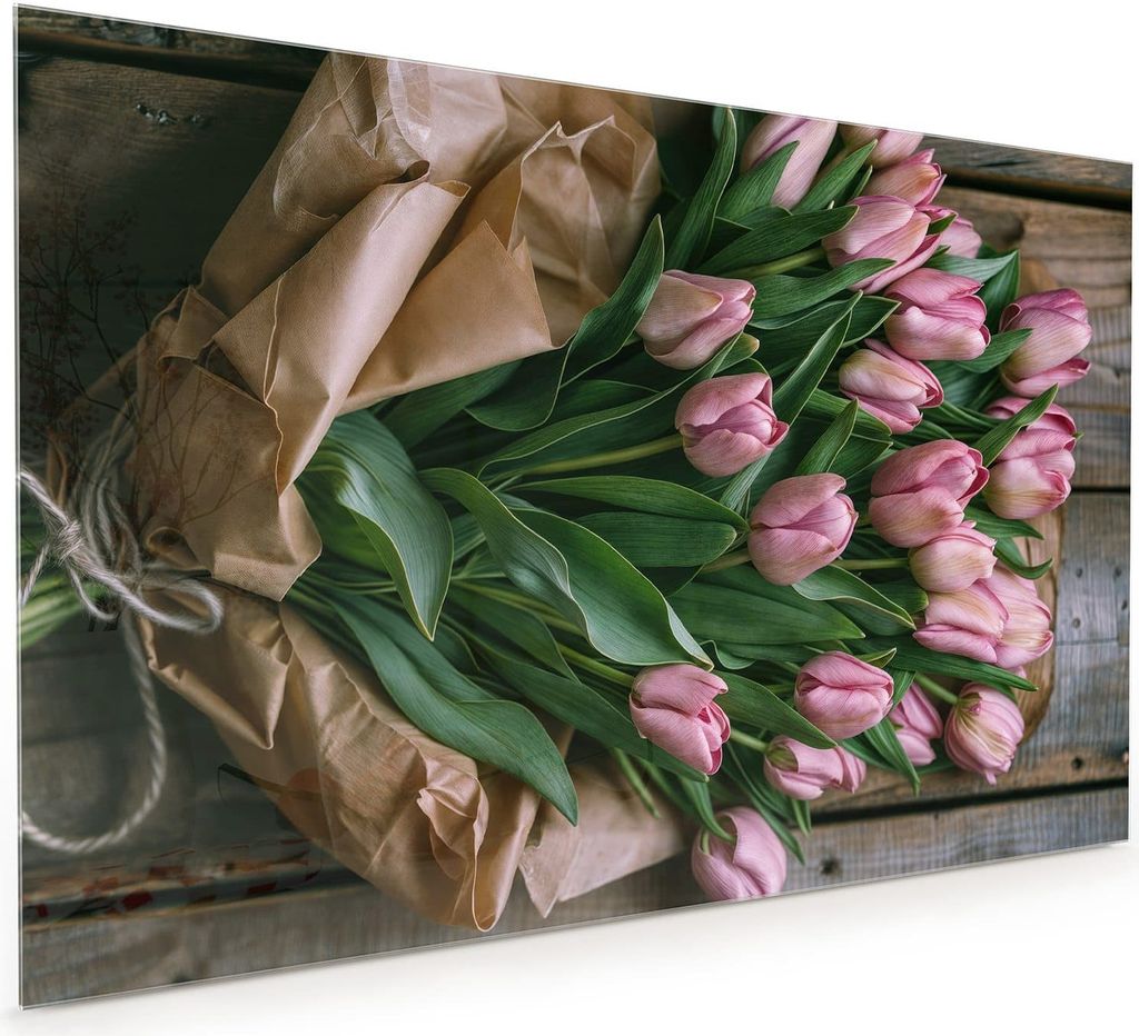 Küchenrückwand Spritzschutz Glas mit Motiv Rosa Tulpenstrauss 40 x 40 cm