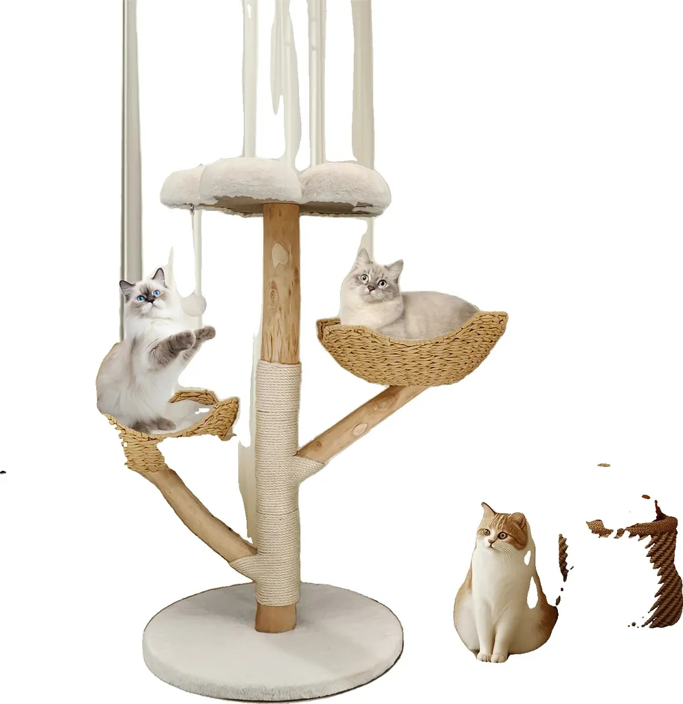 Arbre à chat robuste bois et blanc minimaliste - Modèle Premium 115cm
