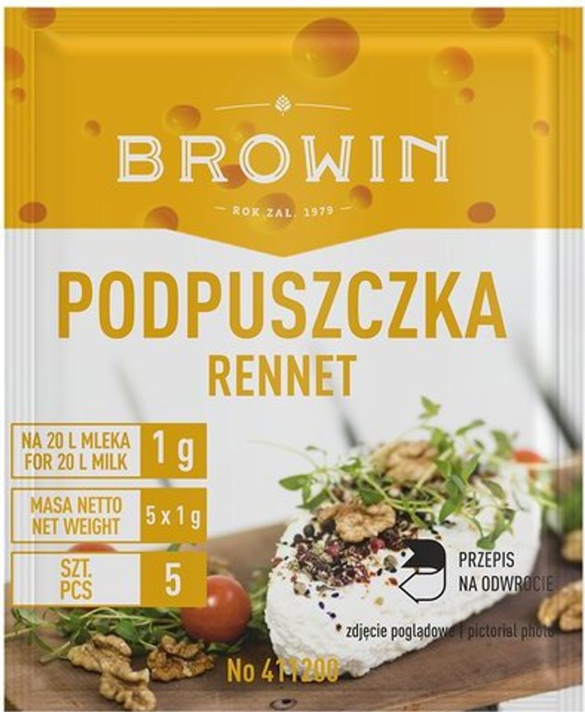 A package of rennet with a picture of prepared cheese on a wooden board.