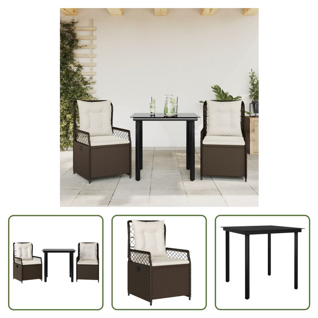 The Living Store 3-tlg. Garten-Essgruppe mit Kissen Braun Poly Rattan