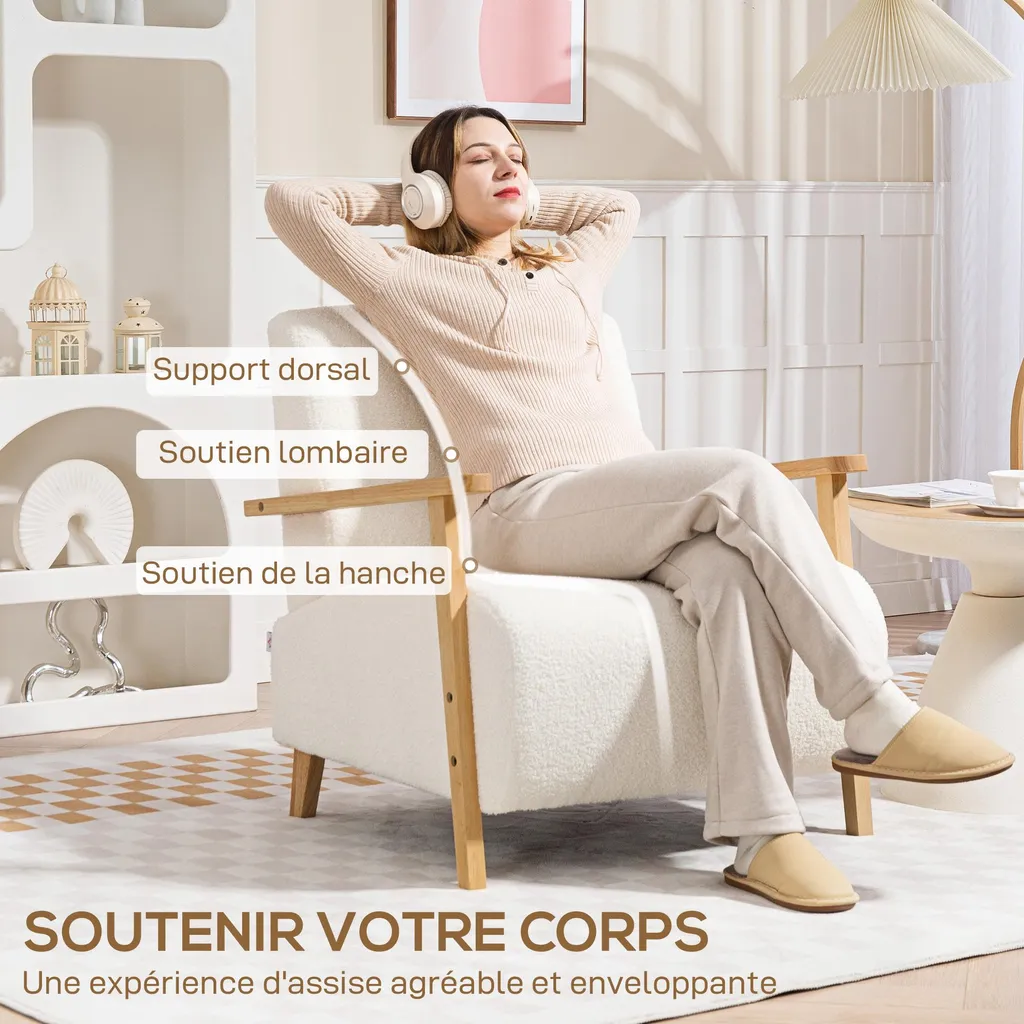 Fauteuil de salon tissu bouclé blanc crème et structure robuste bois - 4