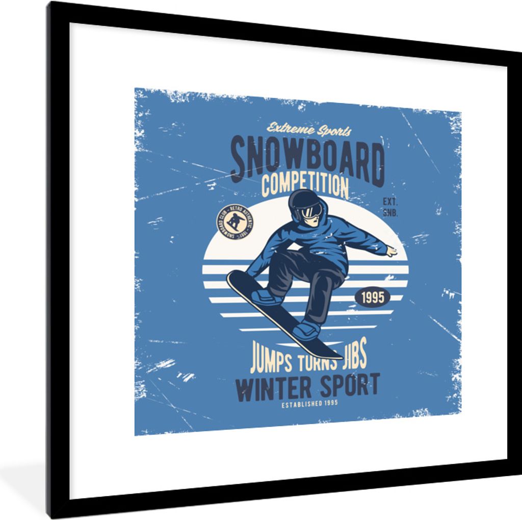 MuchoWow MuchoWow Gerahmtes Poster Snowboard - Wintersport - Retro 40x40 cm - Poster mit zchwarzem Bilderrahmen - Poster - Plakat im Rahmen