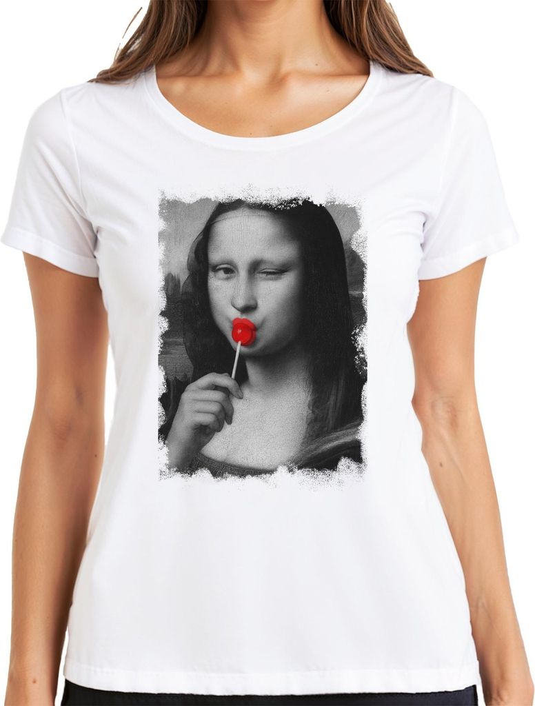 Mona Lisa Lutscher Pop Art Renaissance Parodie Retro Vintage Cool Damen T-Shirt, Weiß, L