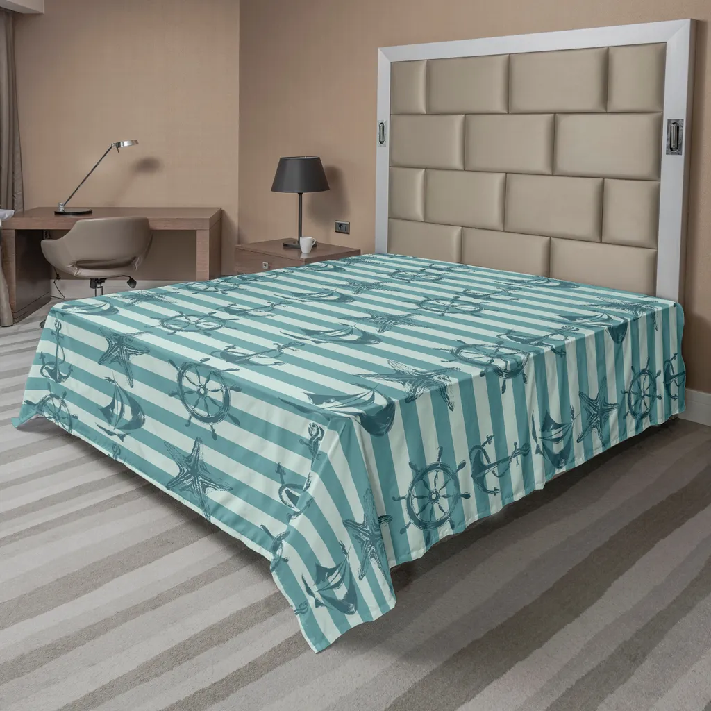 ABAKUHAUS Drap de Lit Steuerrad Motif Marin 260 x 228 cm Bleu Sarcelle