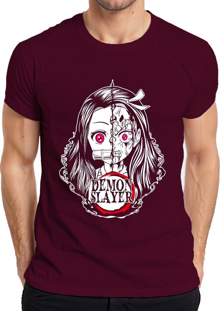 Demon Slayer Nezuko gespaltenes Gesicht Anime Horror Pink Augen Herren T-Shirt, Burgundy, XXL