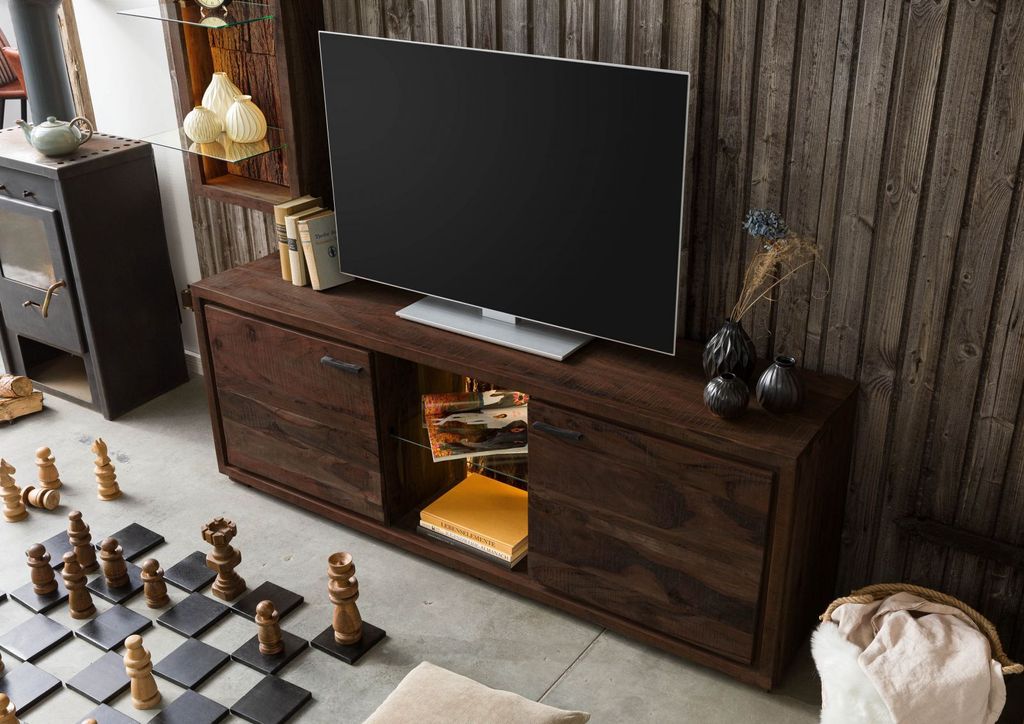 MASSIVMOEBEL24 TV-Board Akazie 175x40x63 dunkelbraun lackiert BARK #211