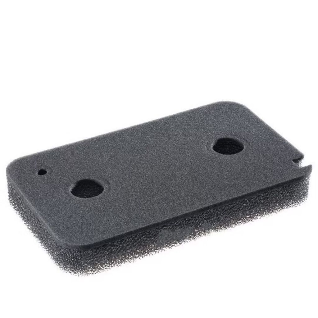 A black foam filter with two holes and a small notch on the side, isolated on a white background.