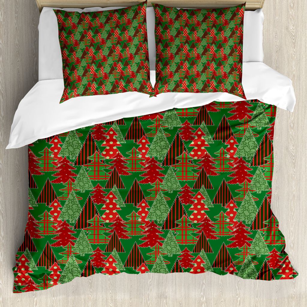 ABAKUHAUS Weihnachten Bettbezugs Set Für Doppelbetten, Baum-Kiefern-Strudel-Punkt, Milbensicher Allergiker geeignet mit Kissenbezügen, Dunkle Kor...