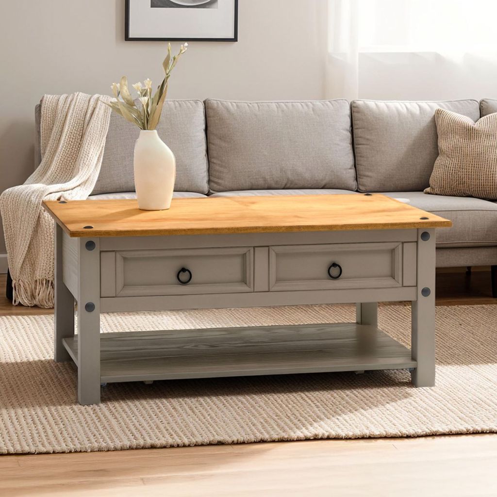 Couchtisch RAMON mit 2 Schubladen grau/braun - Sofatisch aus Kiefer Massivholz, Wohnzimmertisch mit Stauraum und hochwertiger Tischplatte
