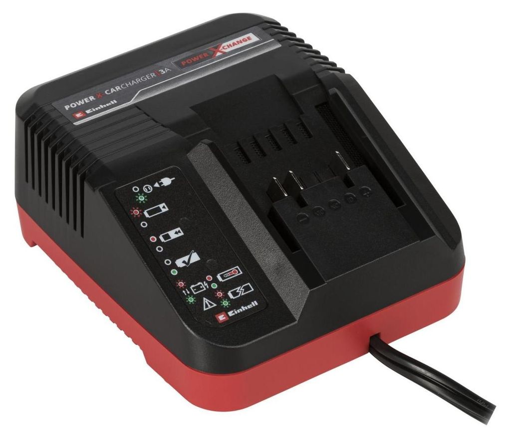 A black and red Einhell Power X-Change car charger is shown against a white background.