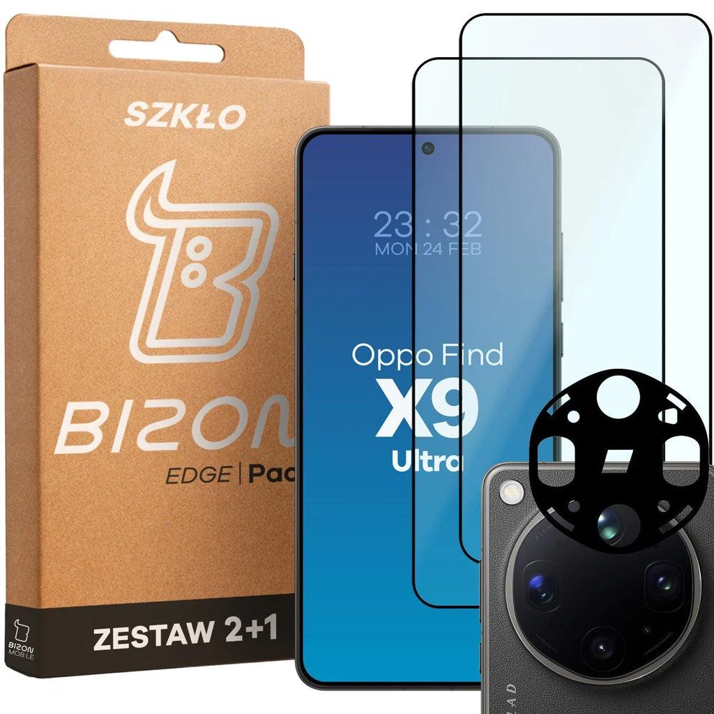 2x Gehärtetes Glas + Kameraschutz für Oppo Find X9 Ultra, Bizon Glass Edge Pack, Schwarz