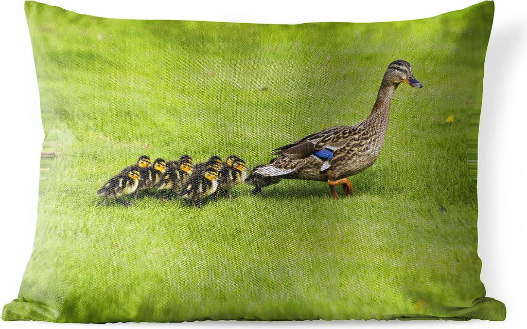 MuchoWow Outdoor Kissen - Ente mit Jungen im Gras - 60x40 cm - Wetterfest - Lounge Kissen - Zierkissen - Kissen für Innenräume