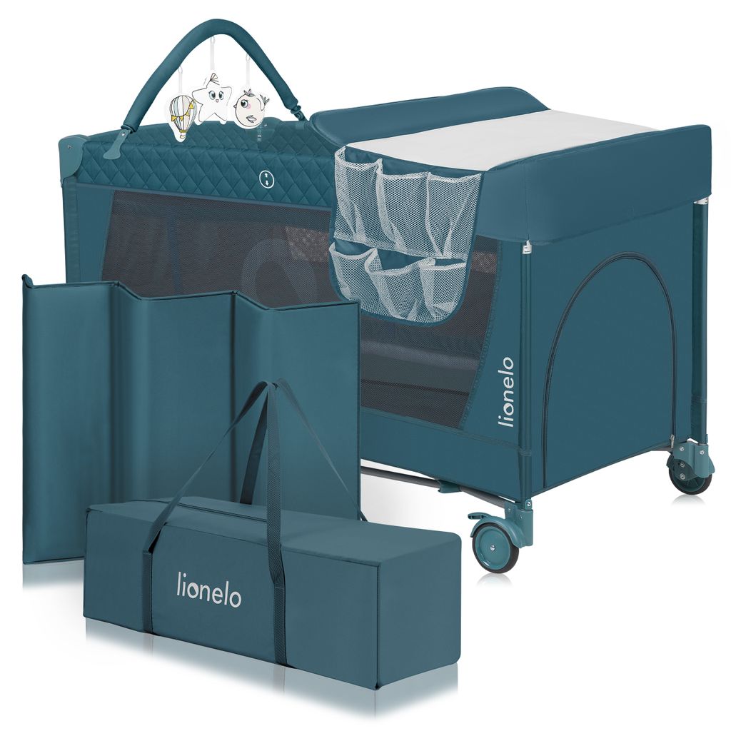 Lionelo Flower Reisebett Baby Laufstall Baby mit Seiteneingang Wickeltisch zwei Matratzenaufhängungshöhen Spielzeugbogen mit Spielfiguren-Grün T...