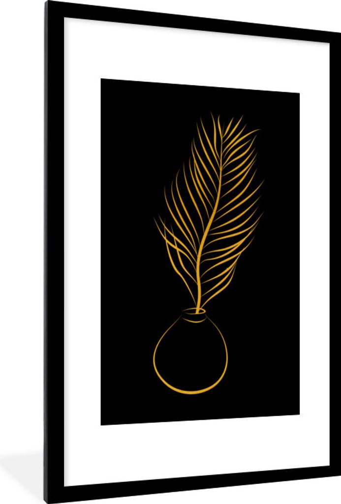 MuchoWow Gerahmtes Poster Topf - Pflanze - Linienkunst - Gold 60x90 cm - Poster mit Schwarzem Bilderrahmen Wandposter Rahmen Foto Bilder - Dekora...