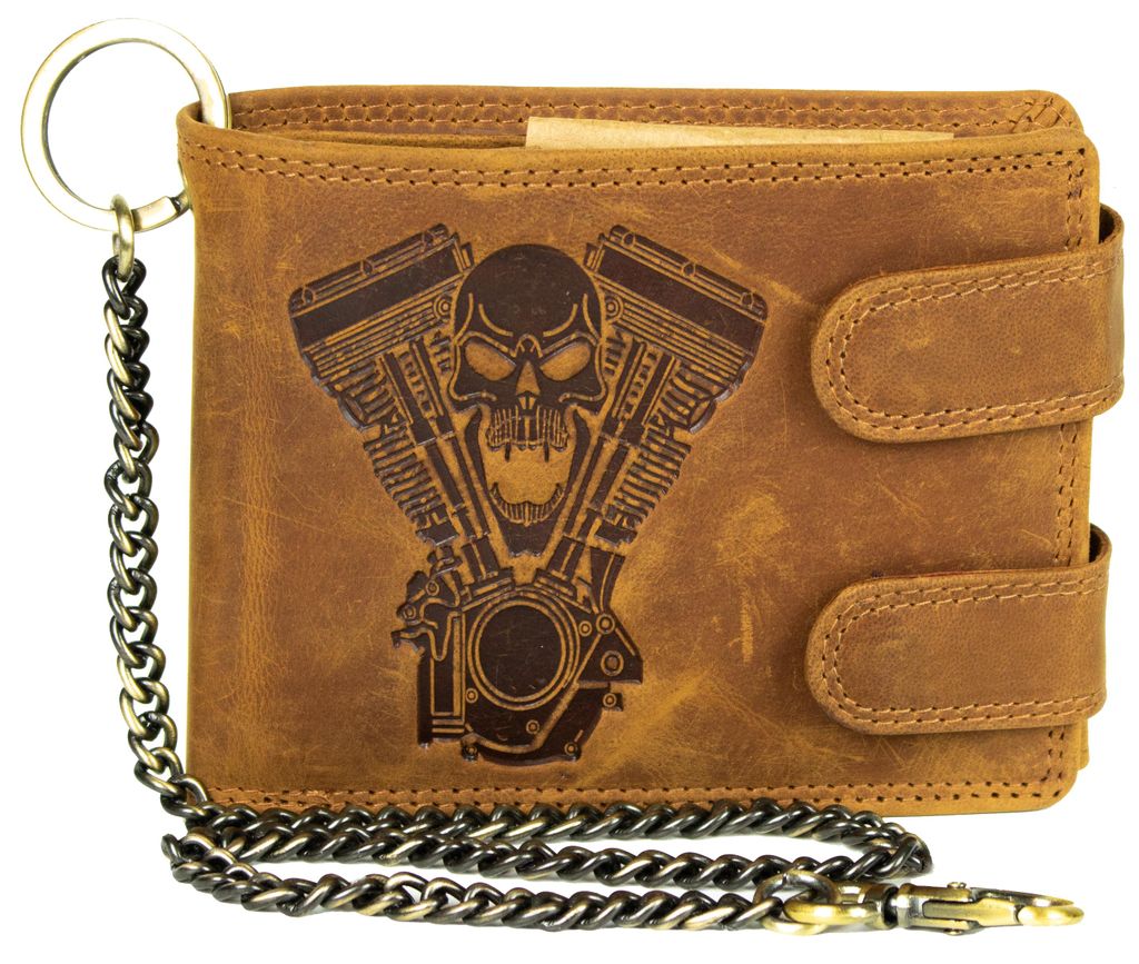 Biker Geldbörse Portmonee Leder mit Metallkette und Totenkopf V-Twin-Prägung (Rindsleder, Tan)