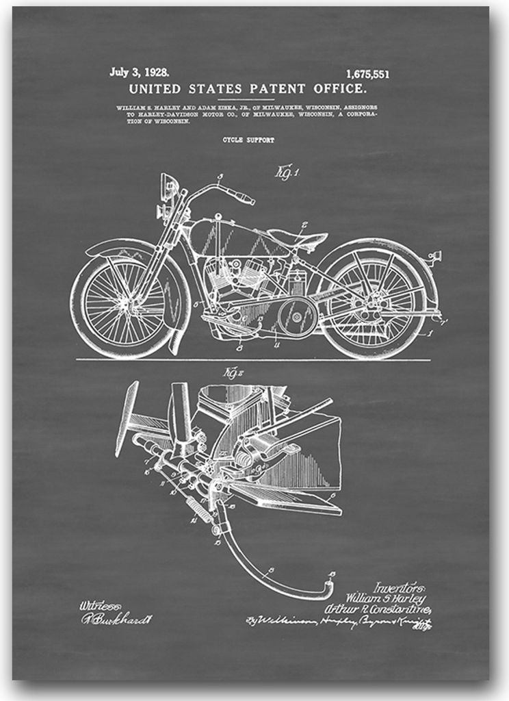 Poster - Canvas - Leinwand - 59,4 cm x 84,1 cm - Fotoposter - Leinwandkunst - Motorrad-Patent Harley Davidson