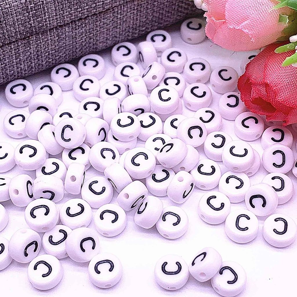 Perline con lettere, 30 pezzi, 4x7 mm, bianche e nere, Immagine del prodotto 