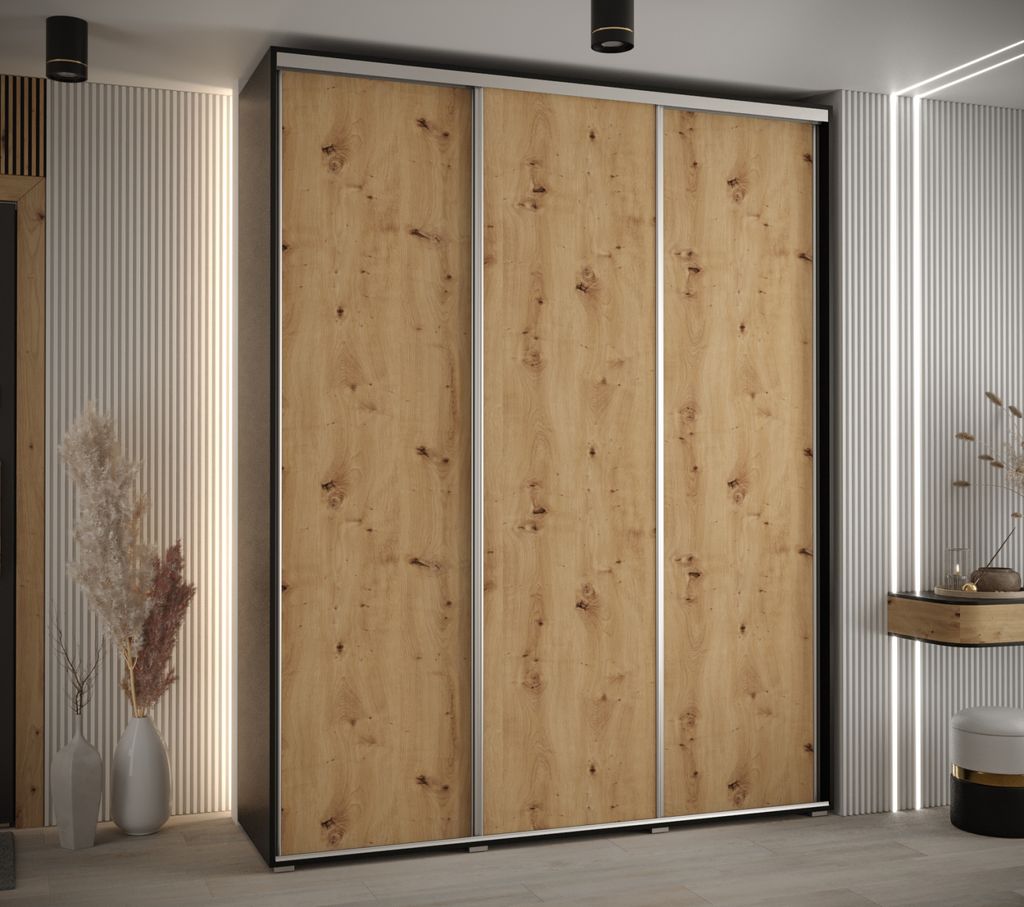 Kleiderschrank ASIRI 1 - 200/45 cm, Schwarz / Artisan-Eiche / Silber