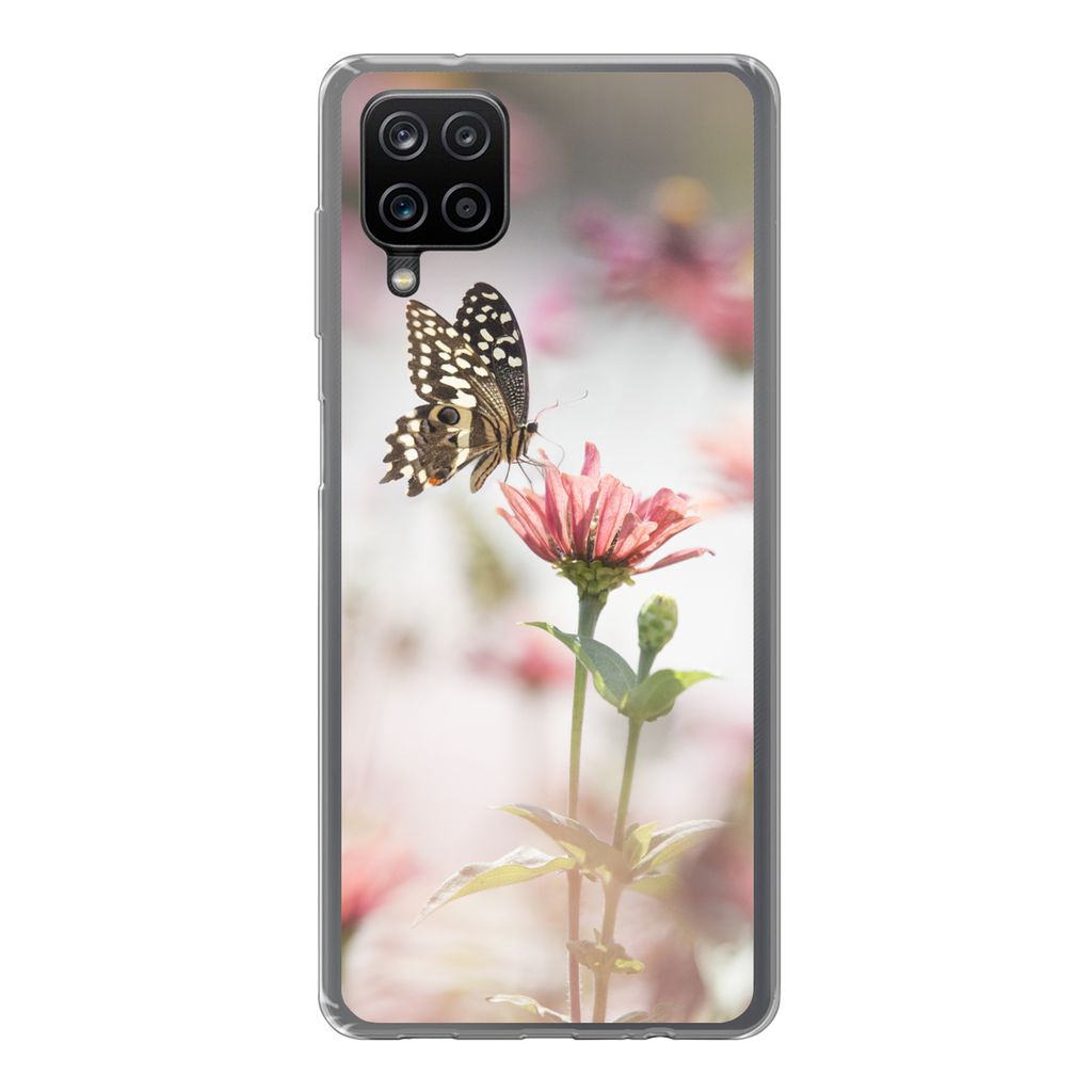 MuchoWow Handyhülle Schutzhülle Hülle für Samsung Galaxy A12 Schmetterling - Blume - Rosa Silikon Softcase Handy Hülle - Bild