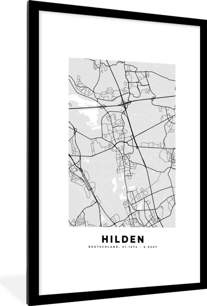 MuchoWow Gerahmtes Poster Stadtplan - Deutschland - Karte - Hilden 60x90 cm - Poster mit Schwarzem Bilderrahmen Wandposter Rahmen Foto Bilder - D...