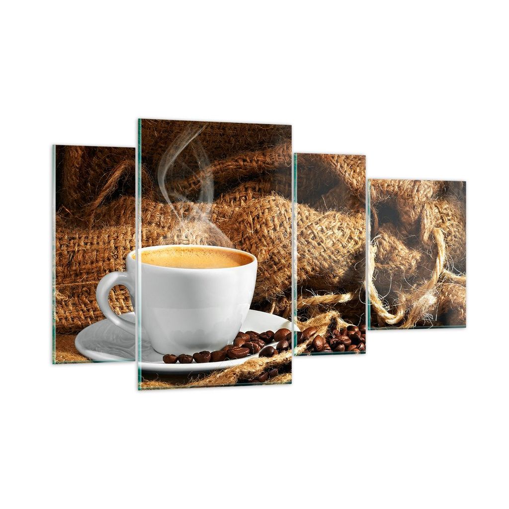 Bilder auf glas - Cappuccino Tasse Körner Beutel - 120x70cm - Glasbilder - Wandbilder - Kunstdruck - zum Aufhängen bereit - Wanddekoration aus Gl...