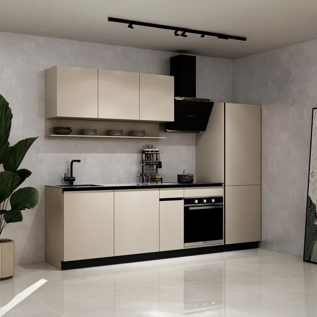 HOME DELUXE Küche PORTOFINO Beige Matt Rechts Arbeitsplatte Marmo Calacatta- Ohne E-Geräte