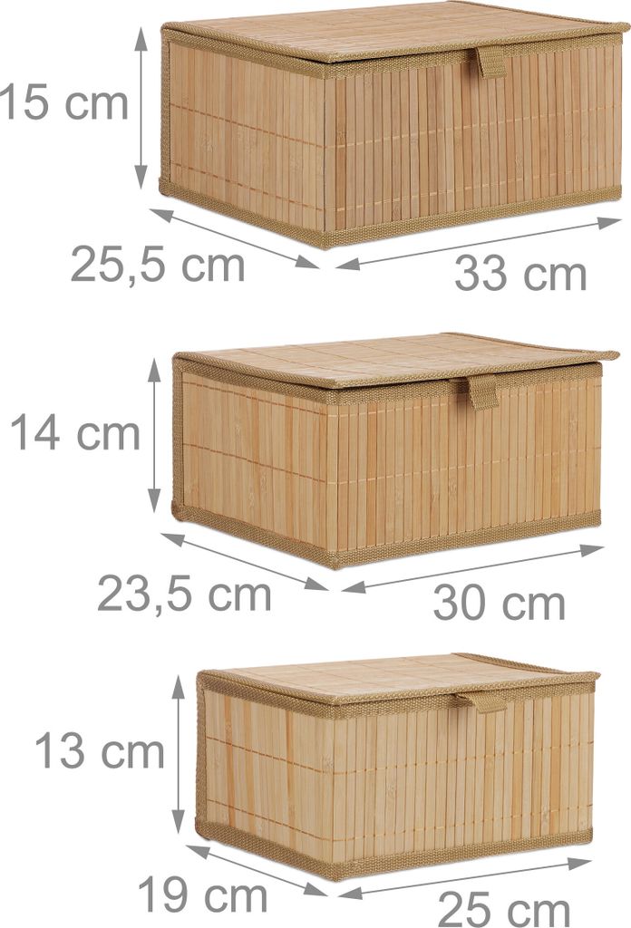 Relaxdays 3x Panier De Rangement En Bambou - Panier De Salle De Bain Boite De Rangement En Tissu Panier En Tissu Marron