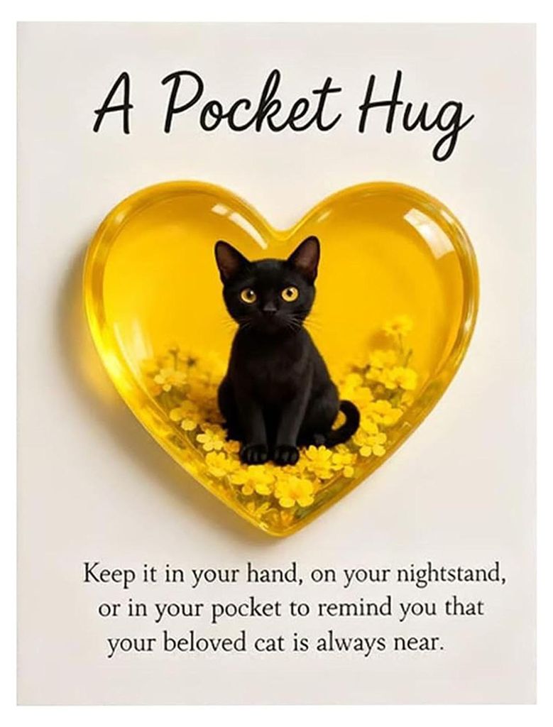 Katzen-Gedenk-Taschenumarmung mit inspirierender Karte – Emotionale Unterstützung – Herzförmiger Anhänger einer schlafenden Katze – Erinne...