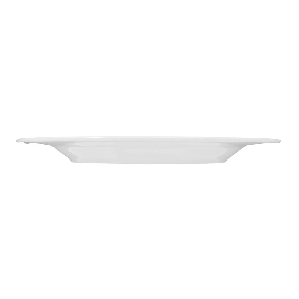 A white plate shown from the side against a white background.