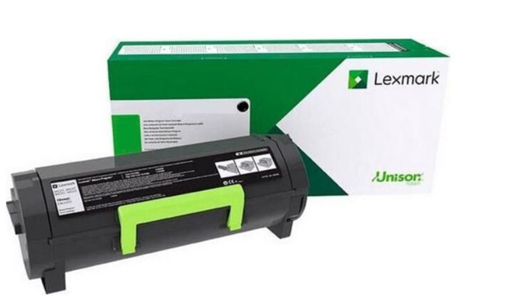 A Lexmark toner cartridge and its packaging are shown against a white background.