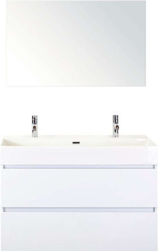 Badmöbel-Set Maxx XL 100 cm mit Keramikwaschtisch 2 Hahnlöcher und Spiegel weiß hochglanz