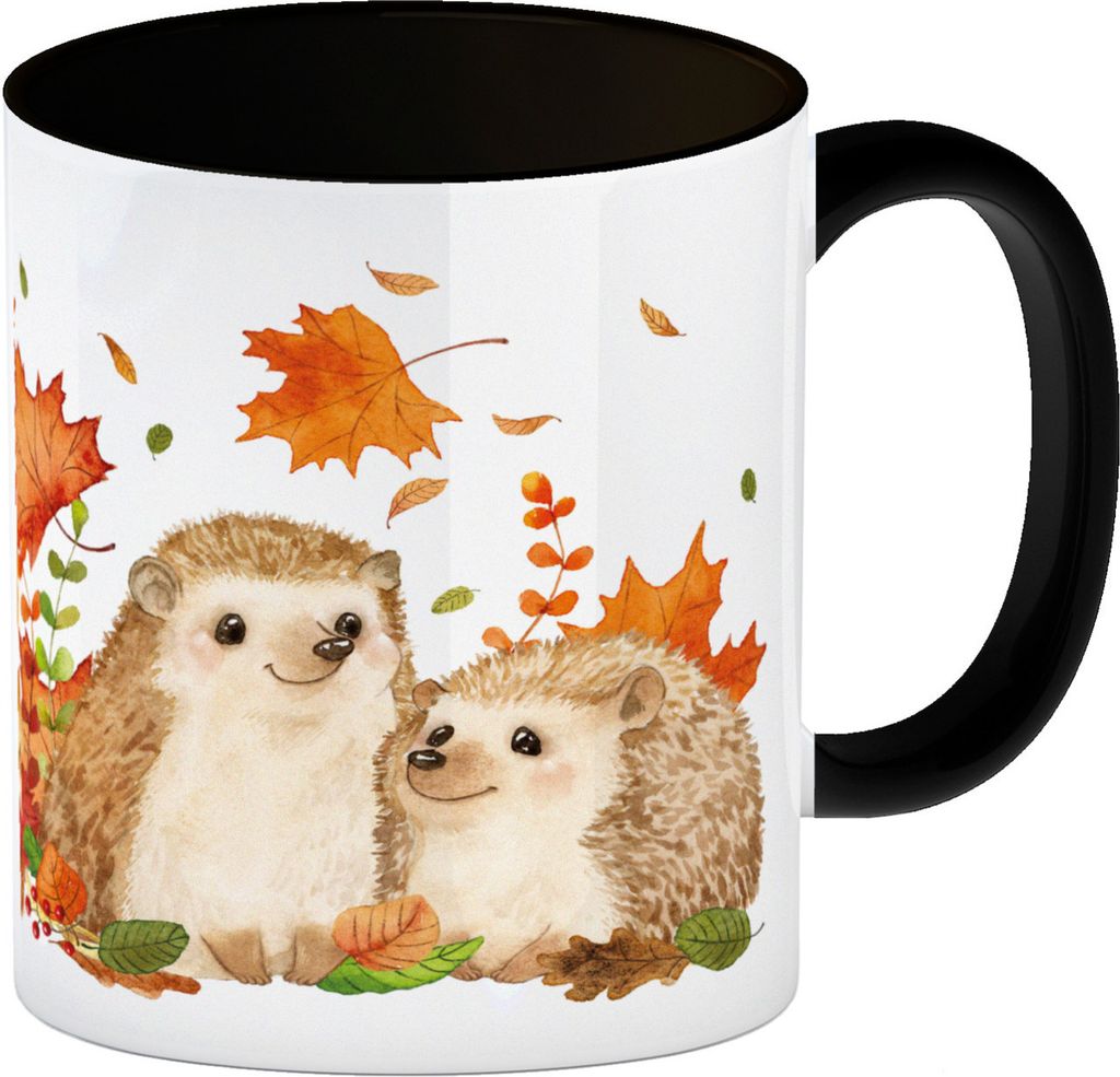 Igel im Herbst Kaffeebecher in schwarz im Aquarell Stil