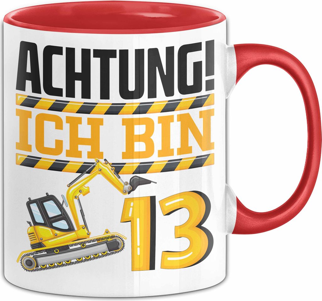13. Geburtstag Geschenk Tasse Becher Jungs Baustelle Geburtstagsgeschenk Achtung Ich Bin 13 Teenager (Rot)