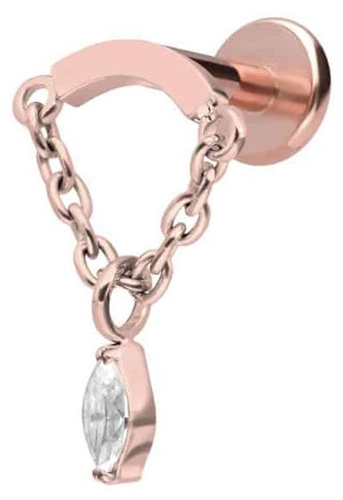 Ohrpiercing, Nasenpiercing Titan Labret mit Innengewinde BOGEN + KETTE + KRISTALLTROPFEN RoséGold Stablänge: 6mm | Stabstärke: 1,2mm | Discgrö...