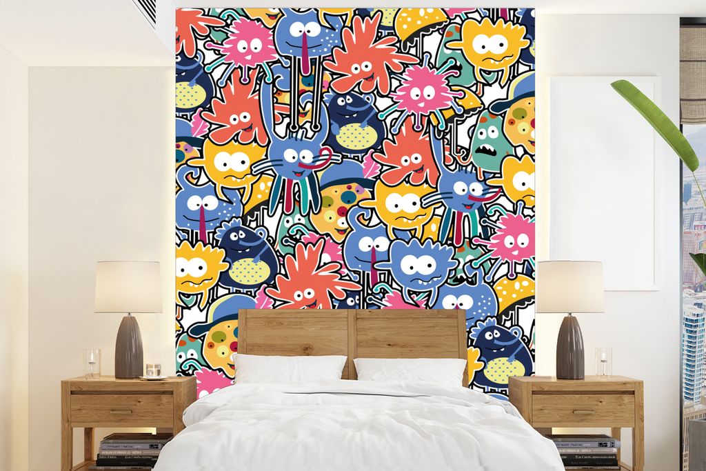MuchoWow Fototapete für Wohnzimmer oder Schlafzimmer Wandtapete Vinyl Motivtapete Design - Lustig - Abstrakt - Rot - Blau - Kinder - 165x220 cm ...