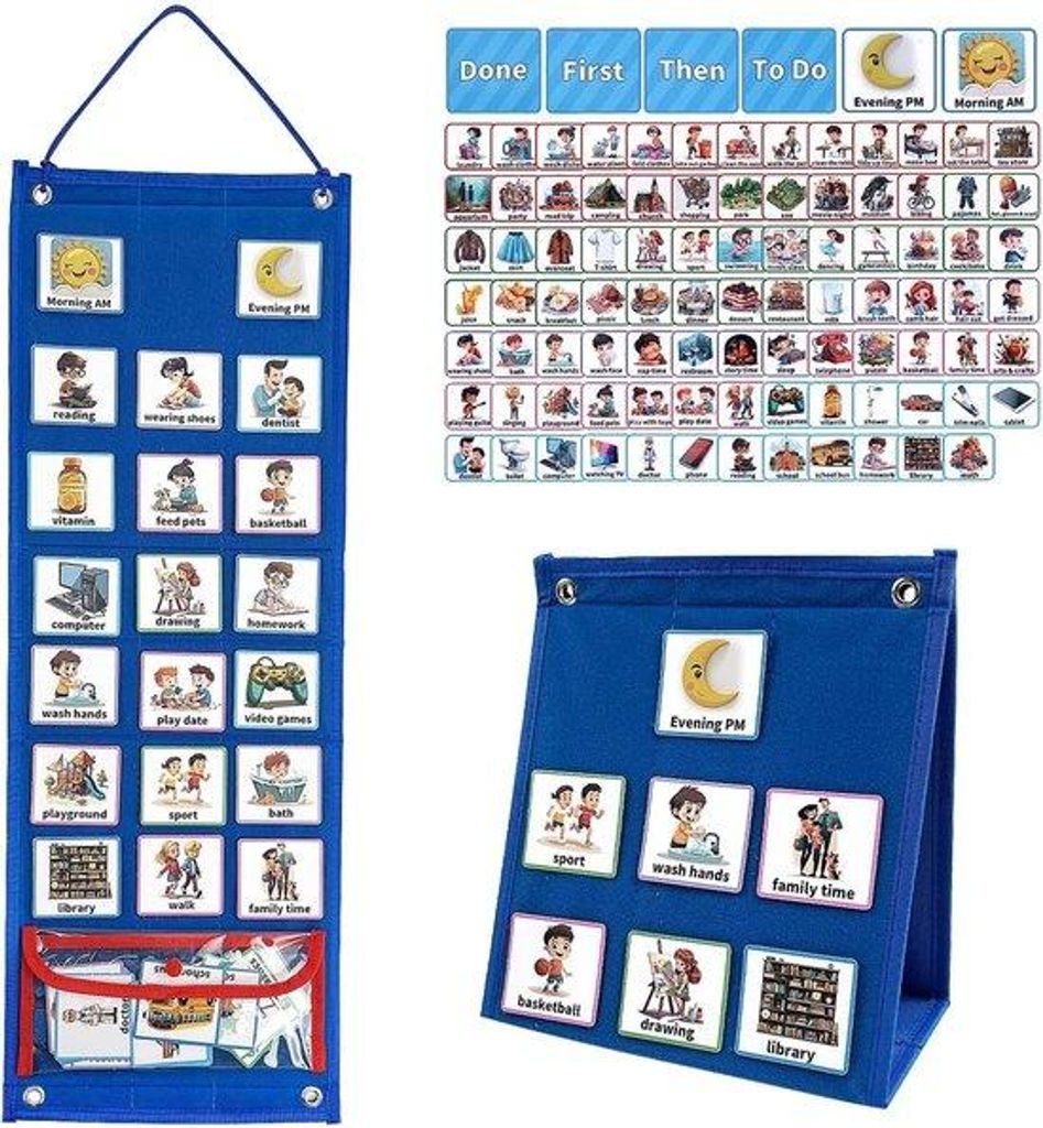 Famanu Wochenplaner mit Routinekarten – Visuelles Board für Kinder – Aufgabenplaner und Selbstständigkeit (blau)