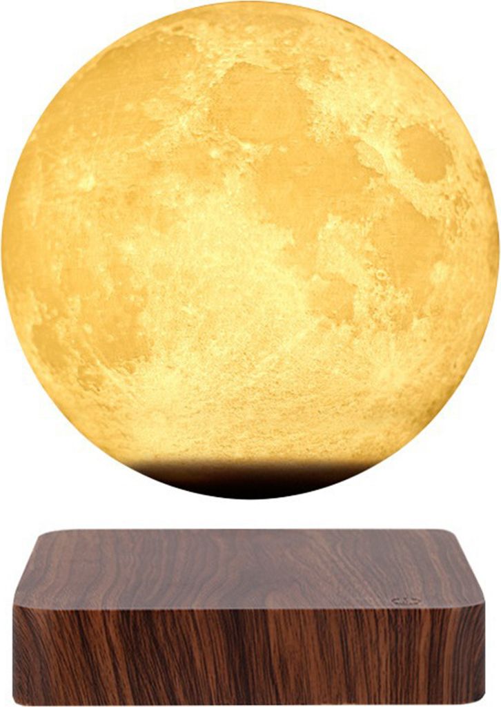 A floating moon lamp above a wooden base.