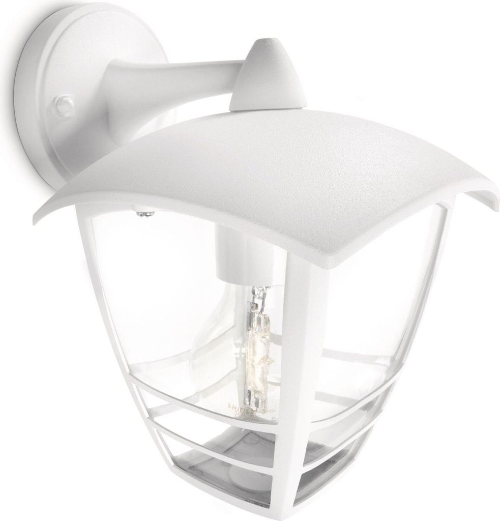 A white outdoor wall light fixture with a clear glass shade.
